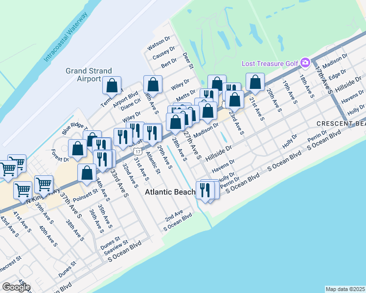 map of restaurants, bars, coffee shops, grocery stores, and more near 703 28th Avenue South in North Myrtle Beach