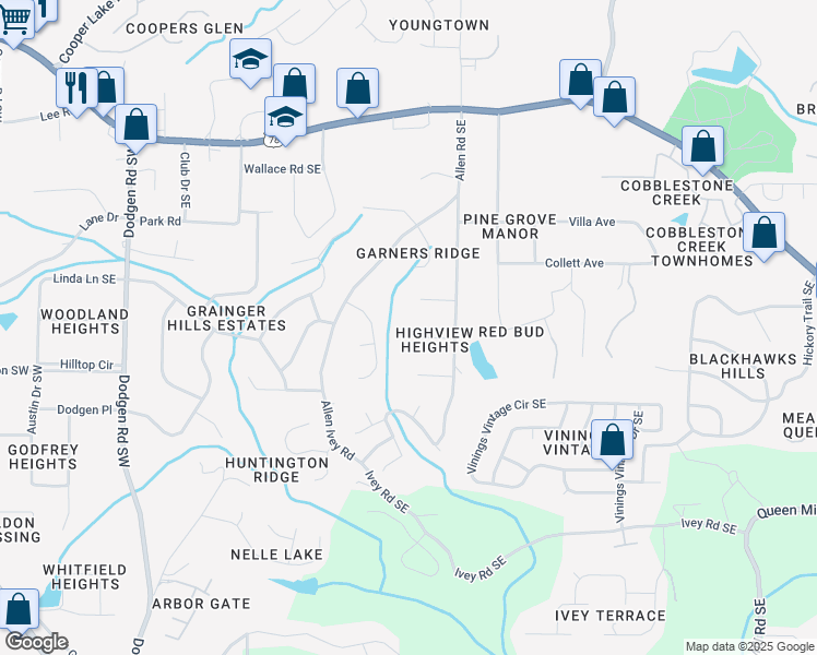 map of restaurants, bars, coffee shops, grocery stores, and more near 262 Tony Trail Southeast in Mableton