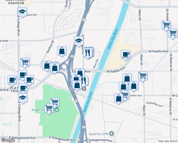 map of restaurants, bars, coffee shops, grocery stores, and more near 2626 East Katella Avenue in Anaheim