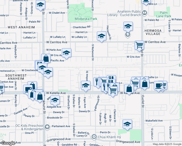 map of restaurants, bars, coffee shops, grocery stores, and more near 1657 South Nutwood Street in Anaheim