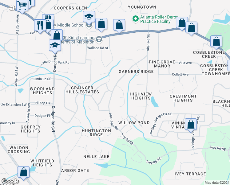 map of restaurants, bars, coffee shops, grocery stores, and more near 6027 Allen Road Southeast in Mableton