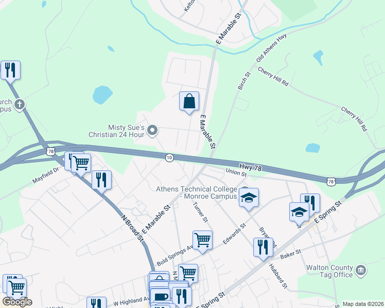 map of restaurants, bars, coffee shops, grocery stores, and more near 421 East Marble Street in Monroe