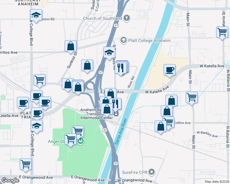 map of restaurants, bars, coffee shops, grocery stores, and more near 1400 South Douglas Street in El Segundo