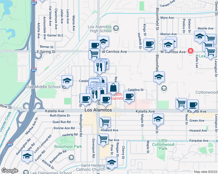 map of restaurants, bars, coffee shops, grocery stores, and more near 10821 Pine Street in Los Alamitos