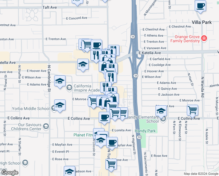 map of restaurants, bars, coffee shops, grocery stores, and more near in Orange