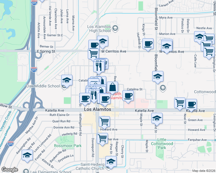 map of restaurants, bars, coffee shops, grocery stores, and more near 10784 Pine Street in Los Alamitos