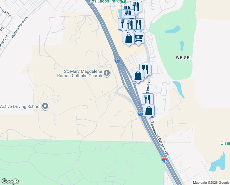 map of restaurants, bars, coffee shops, grocery stores, and more near Weirick Road in Corona