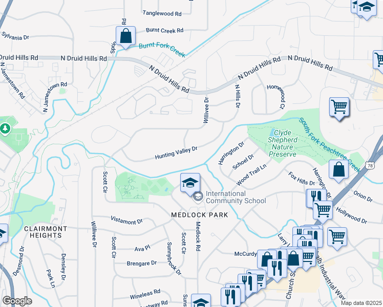 map of restaurants, bars, coffee shops, grocery stores, and more near 2413 Hunting Valley Drive in Decatur