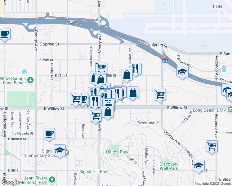 map of restaurants, bars, coffee shops, grocery stores, and more near 2696 Dawson Avenue in Signal Hill