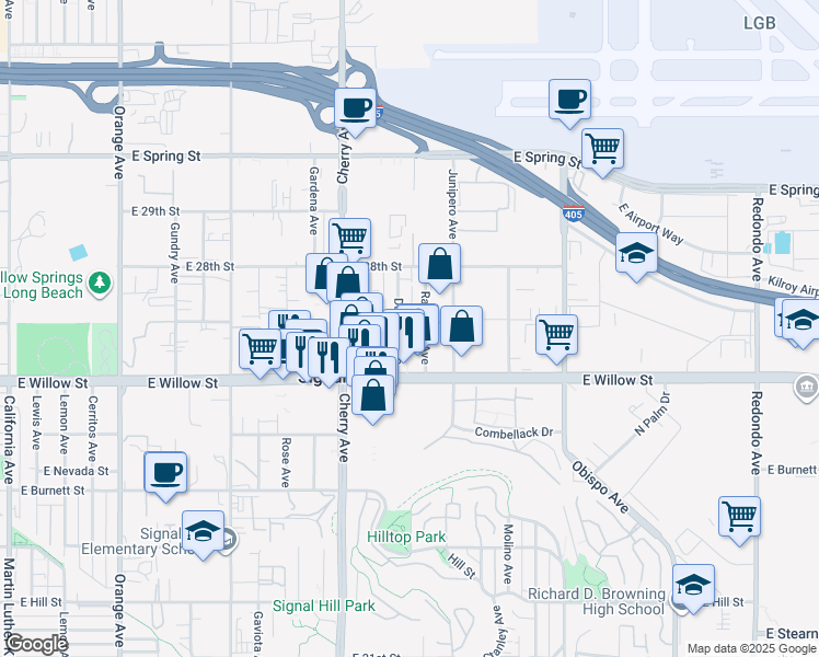 map of restaurants, bars, coffee shops, grocery stores, and more near 2696 Dawson Avenue in Signal Hill