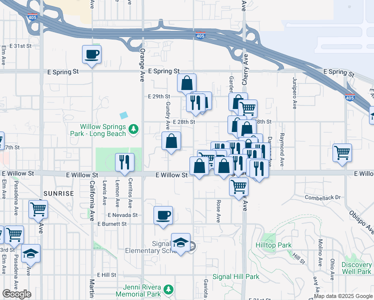 map of restaurants, bars, coffee shops, grocery stores, and more near 2655 Walnut Avenue in Signal Hill