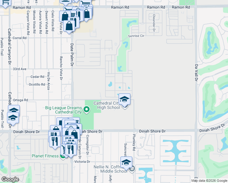 map of restaurants, bars, coffee shops, grocery stores, and more near Ficus Drive in Cathedral City