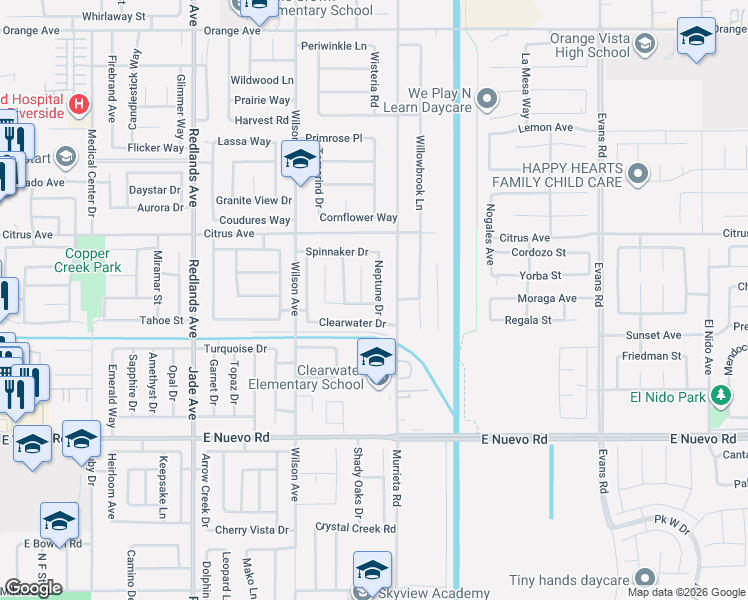 map of restaurants, bars, coffee shops, grocery stores, and more near 1878 Neptune Drive in Perris