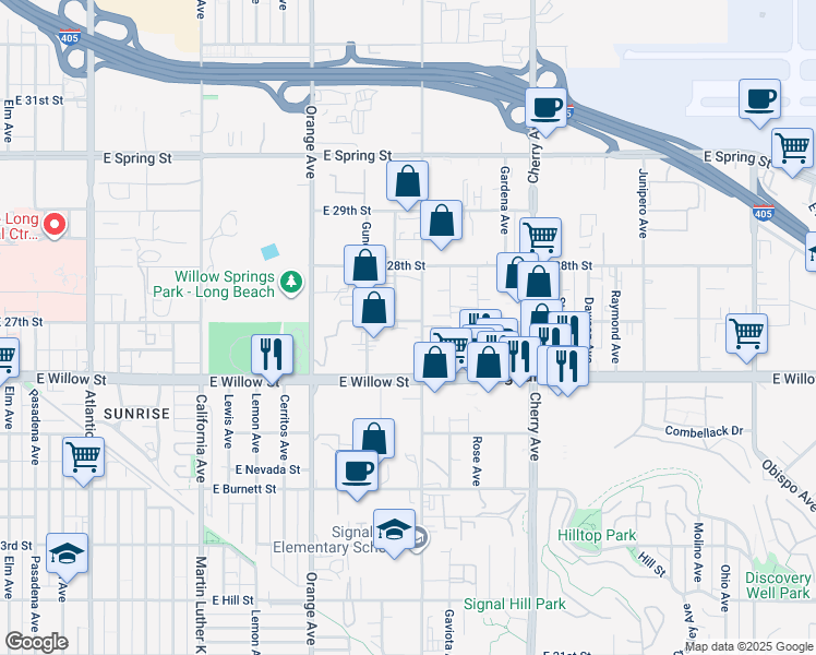 map of restaurants, bars, coffee shops, grocery stores, and more near 2655 Walnut Avenue in Signal Hill