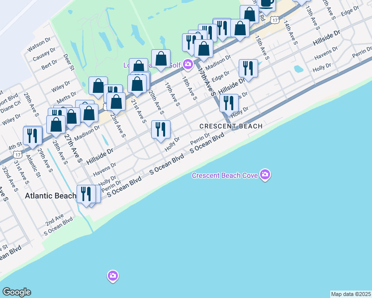 map of restaurants, bars, coffee shops, grocery stores, and more near 2001 South Ocean Boulevard in North Myrtle Beach