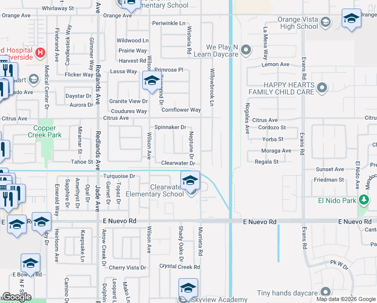 map of restaurants, bars, coffee shops, grocery stores, and more near 1878 Neptune Drive in Perris