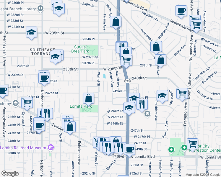 map of restaurants, bars, coffee shops, grocery stores, and more near 1762 242nd Street in Torrance
