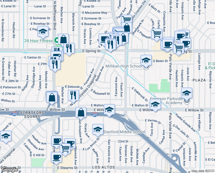 map of restaurants, bars, coffee shops, grocery stores, and more near 5865 East Rogene Street in Long Beach