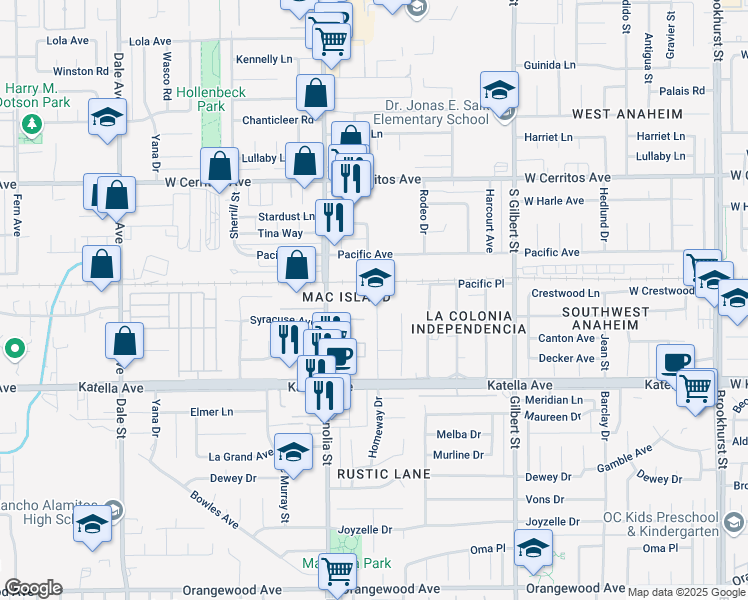 map of restaurants, bars, coffee shops, grocery stores, and more near 10802 Rustic Lane in Anaheim
