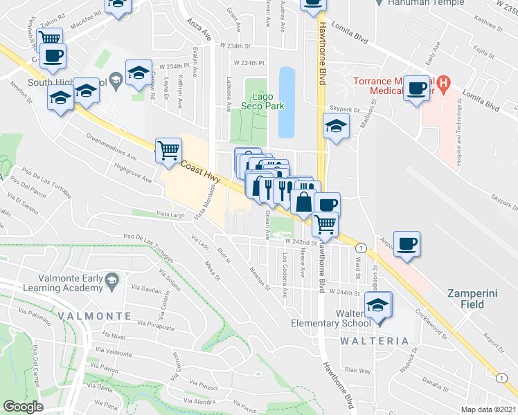 map of restaurants, bars, coffee shops, grocery stores, and more near 24053 Ocean Avenue in Torrance