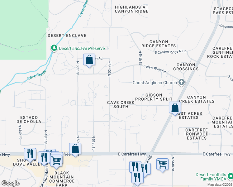 map of restaurants, bars, coffee shops, grocery stores, and more near 35000 North 52nd Place in Cave Creek