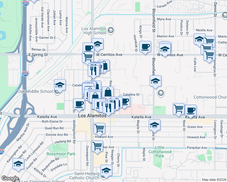 map of restaurants, bars, coffee shops, grocery stores, and more near 108 Reagan Street in Los Alamitos