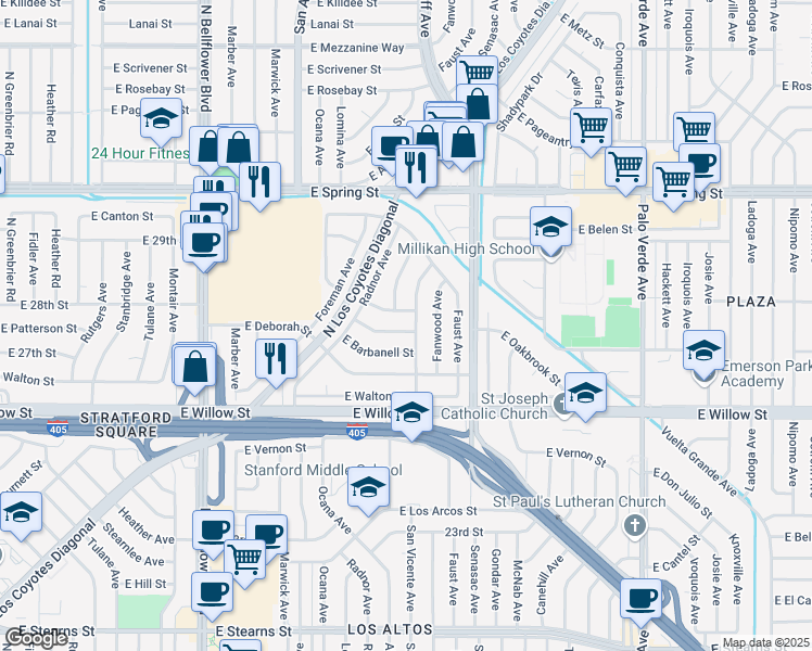 map of restaurants, bars, coffee shops, grocery stores, and more near 5865 East Rogene Street in Long Beach