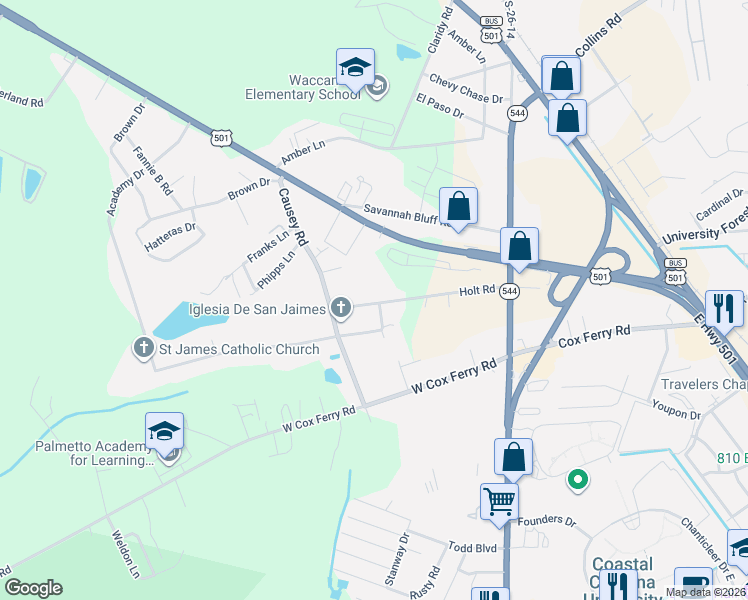 map of restaurants, bars, coffee shops, grocery stores, and more near 1052 Holt Road in Conway