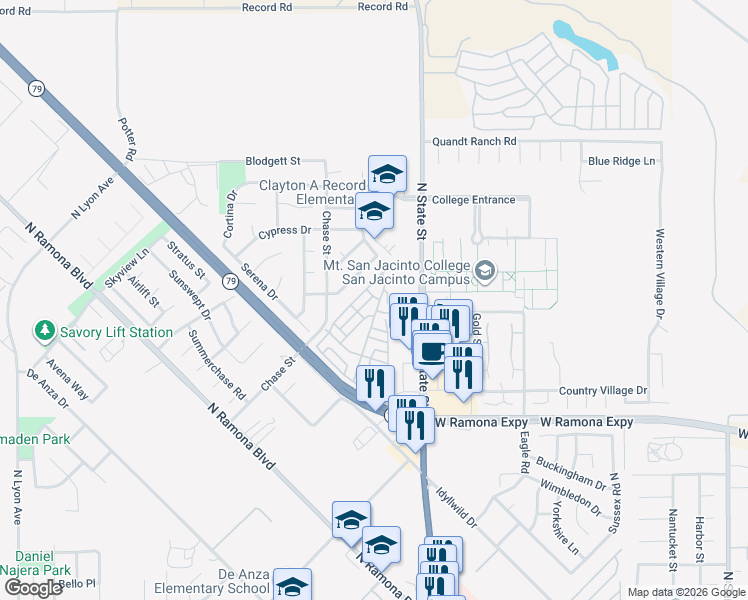 map of restaurants, bars, coffee shops, grocery stores, and more near 1427 Sierra Drive in San Jacinto