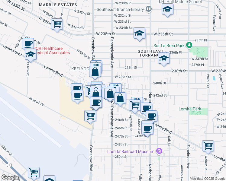 map of restaurants, bars, coffee shops, grocery stores, and more near in Lomita