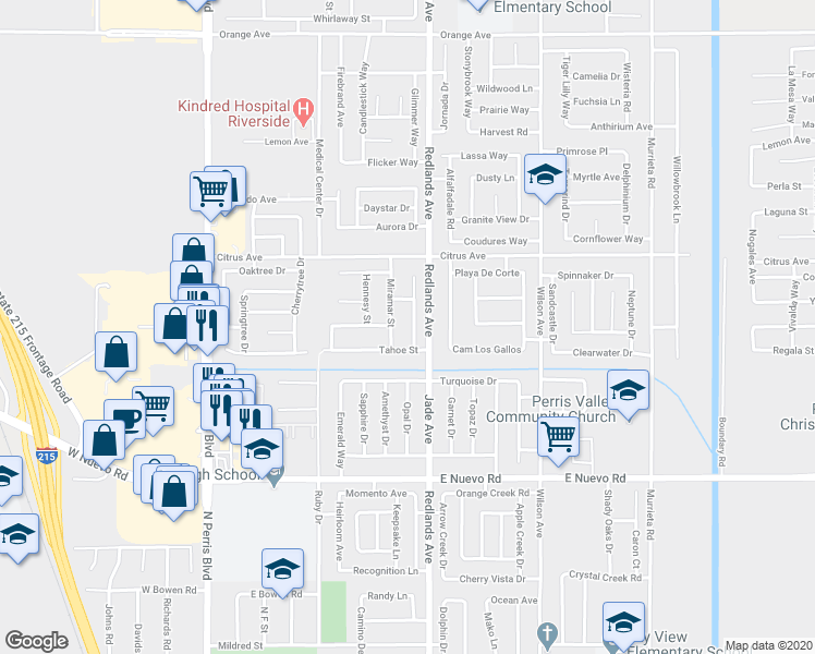 map of restaurants, bars, coffee shops, grocery stores, and more near 1864 Havasu Street in Perris