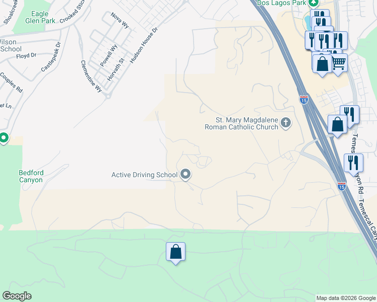 map of restaurants, bars, coffee shops, grocery stores, and more near 8131 North Weirick Road in Corona