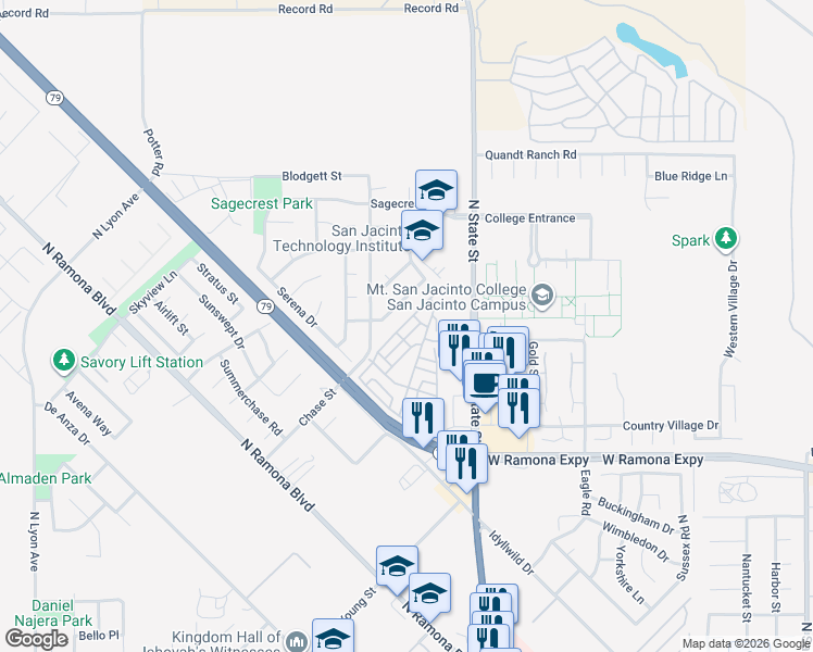 map of restaurants, bars, coffee shops, grocery stores, and more near 1417 Western Drive in San Jacinto