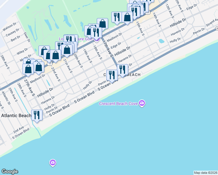 map of restaurants, bars, coffee shops, grocery stores, and more near 1801 South Ocean Boulevard in North Myrtle Beach