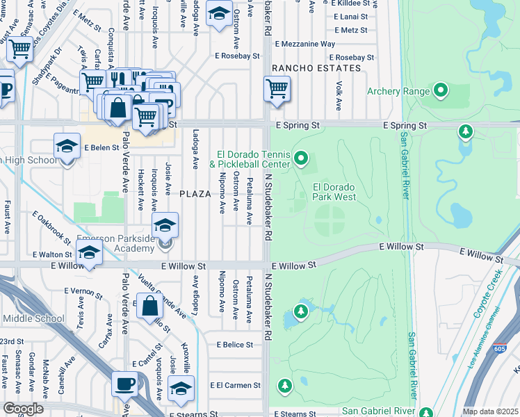 map of restaurants, bars, coffee shops, grocery stores, and more near 2729 North Studebaker Road in Long Beach