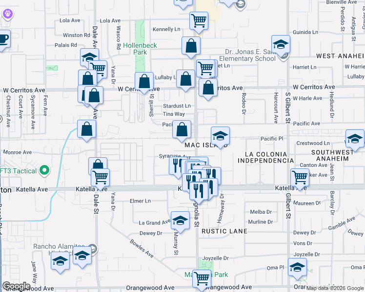 map of restaurants, bars, coffee shops, grocery stores, and more near 8951 Syracuse Avenue in Anaheim