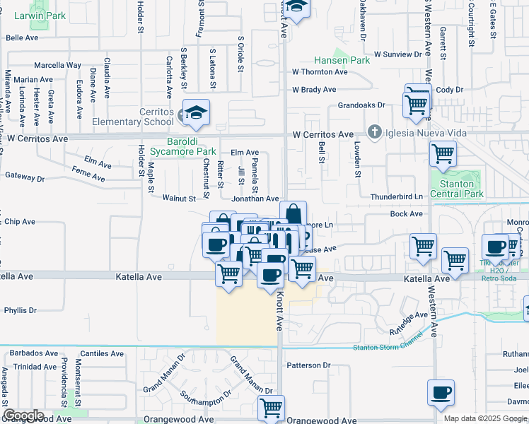 map of restaurants, bars, coffee shops, grocery stores, and more near 10791 Via Jardin in Stanton