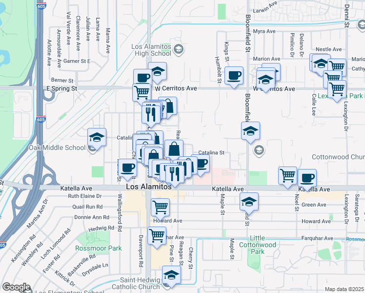 map of restaurants, bars, coffee shops, grocery stores, and more near 108 Reagan Street in Los Alamitos