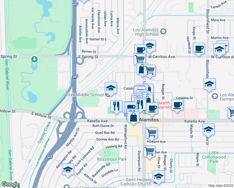 map of restaurants, bars, coffee shops, grocery stores, and more near 10824 Oak Street in Los Alamitos