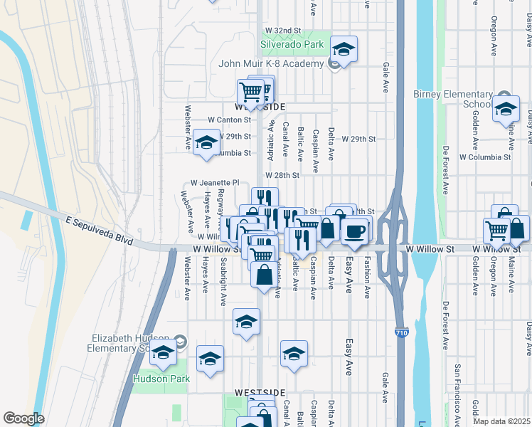 map of restaurants, bars, coffee shops, grocery stores, and more near 2672 Santa Fe Avenue in Long Beach