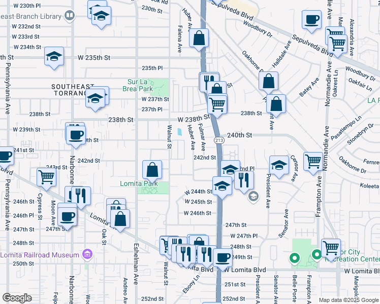 map of restaurants, bars, coffee shops, grocery stores, and more near 1762 242nd Street in Torrance