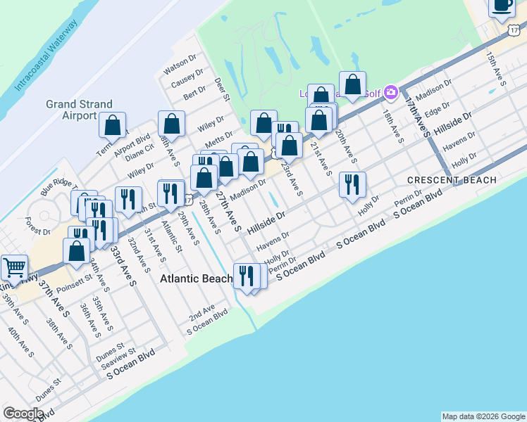 map of restaurants, bars, coffee shops, grocery stores, and more near 600A 25th Avenue South in North Myrtle Beach