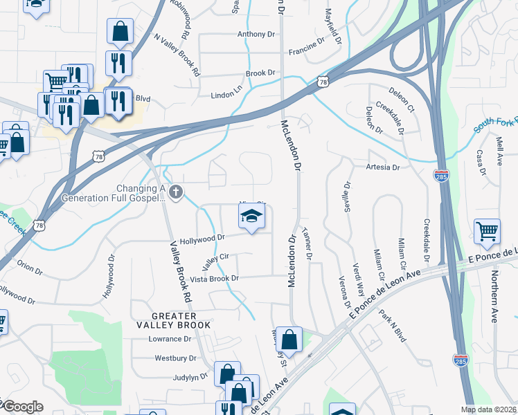 map of restaurants, bars, coffee shops, grocery stores, and more near 924 Greenbriar Place in Decatur