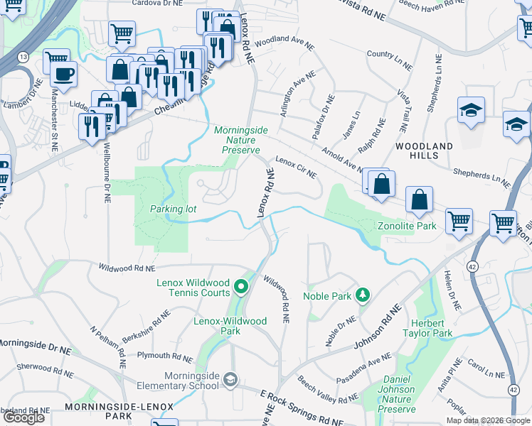 map of restaurants, bars, coffee shops, grocery stores, and more near 1876 Lenox Road Northeast in Atlanta