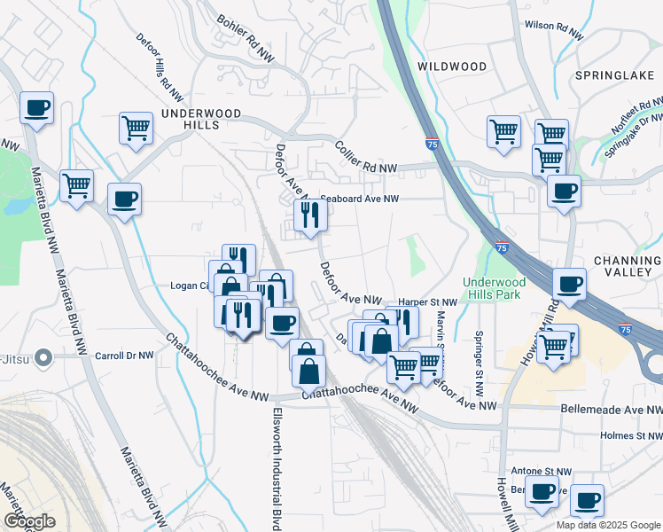 map of restaurants, bars, coffee shops, grocery stores, and more near 1857 Defoor Avenue Northwest in Atlanta