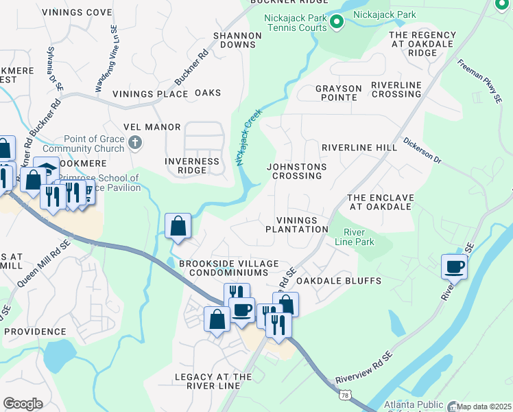 map of restaurants, bars, coffee shops, grocery stores, and more near 5999 Brookside Lane Southeast in Mableton
