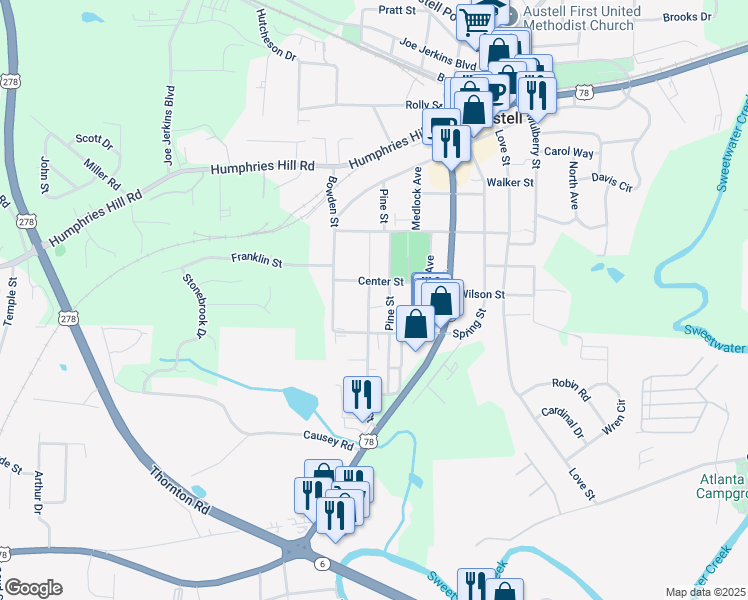 map of restaurants, bars, coffee shops, grocery stores, and more near 6117 Pine Street in Austell