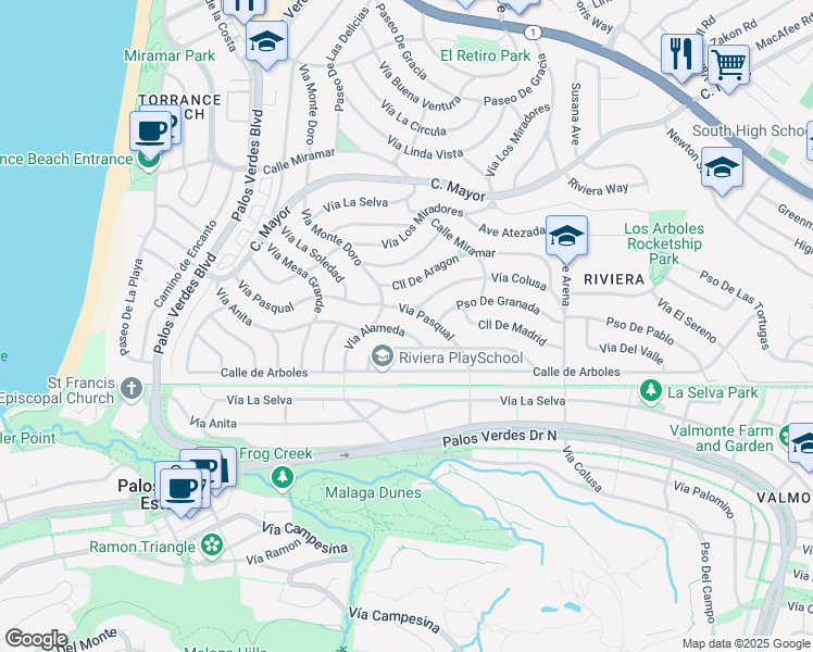 map of restaurants, bars, coffee shops, grocery stores, and more near 221 Vía Alameda in Redondo Beach