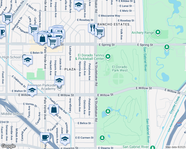 map of restaurants, bars, coffee shops, grocery stores, and more near 2729 North Studebaker Road in Long Beach
