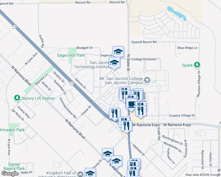map of restaurants, bars, coffee shops, grocery stores, and more near 1417 Western Drive in San Jacinto